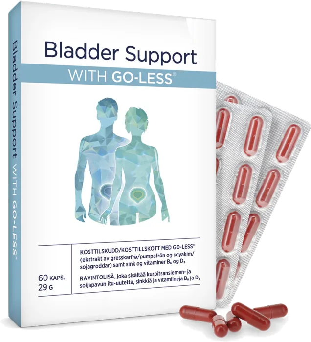 Förpackning av Bladder Support with Go-Less med 60 kapslar och blisterkarta